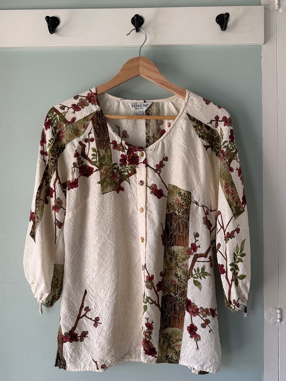 Citron Vintage 100% Silk Beaded Floral Button-Front Tunic